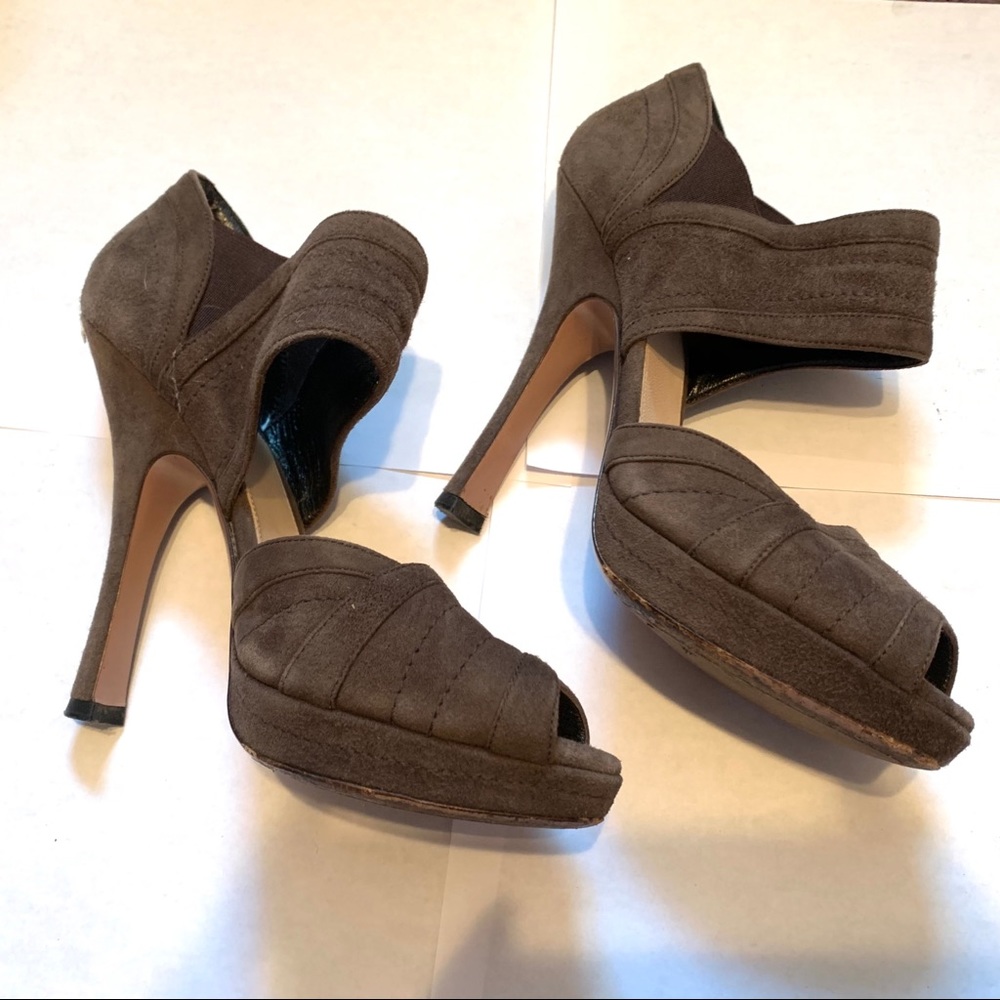 Prada Suede Grey Brown High Peep Heel 37 7 - Picture 2 of 14